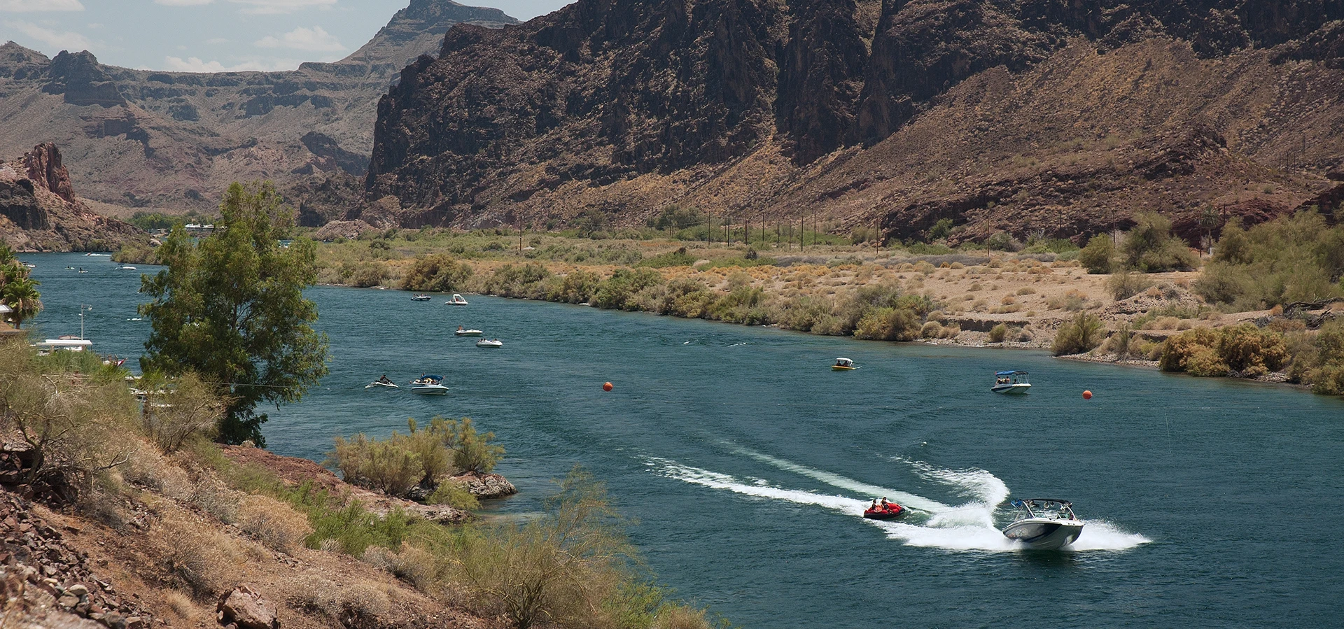Boats navigating the Colorado River just South of Lake Havasu City
